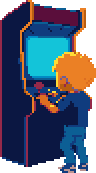Retro pixel art arcade cabinet with character playing